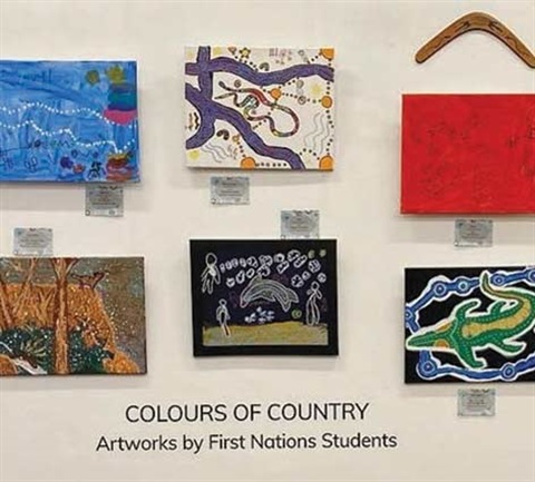 Wall in an art gallery displaying artworks by First Nations students